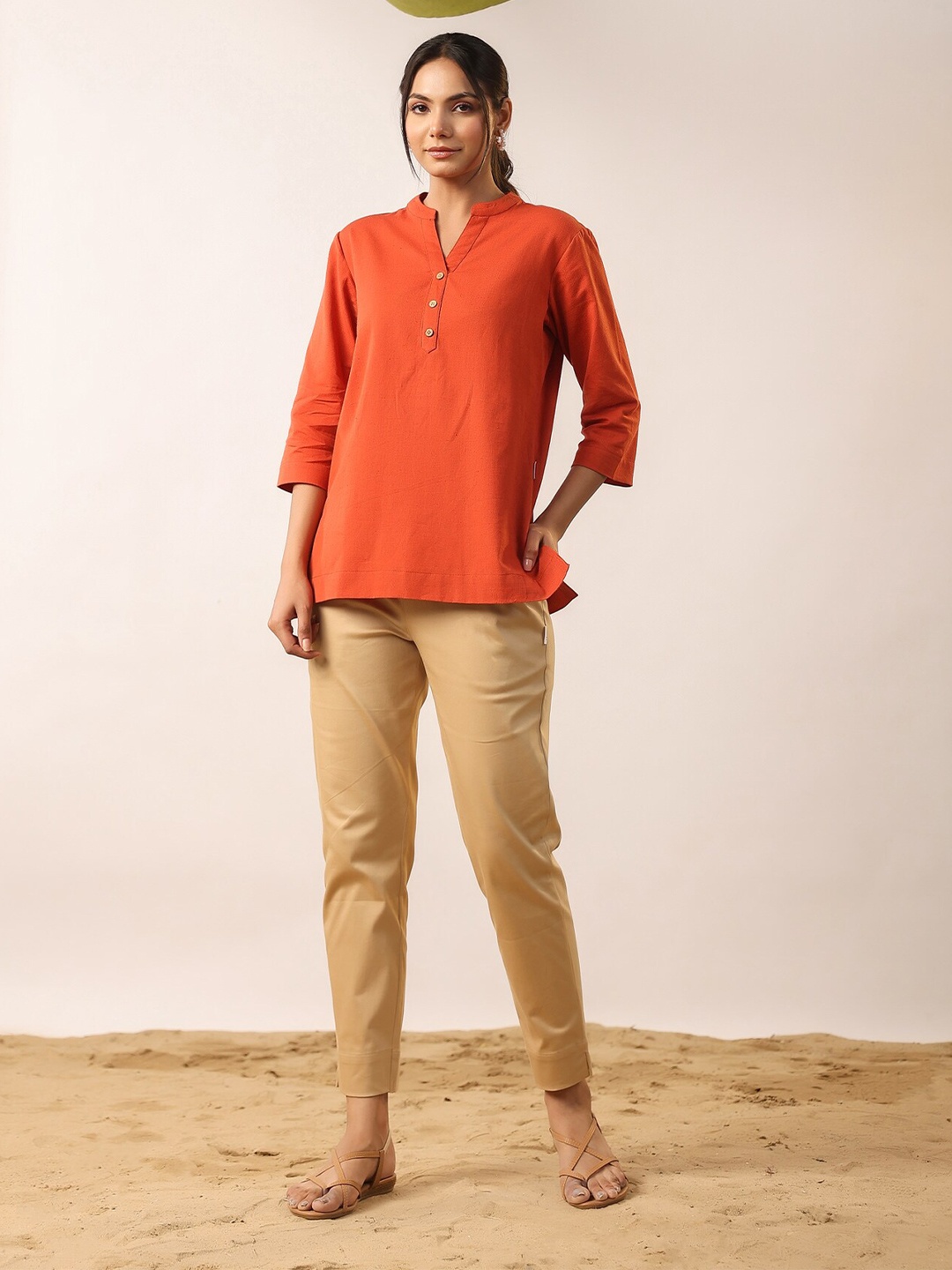 

JISORA Orange-Coloured Mandarin Collar Pure Cotton Top