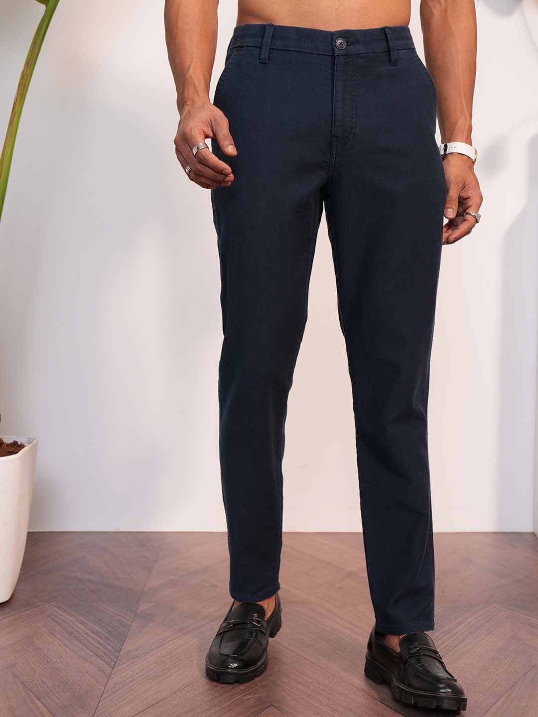 

LOCOMOTIVE Men Mid Rise Slim Full Length Cotton Trousers, Navy blue