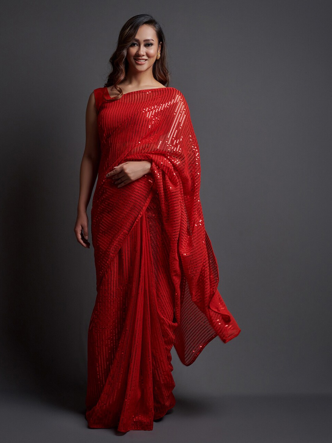 

B Bella Creation Embellished Sequinned Pure Georgette Heavy Work Saree, Red