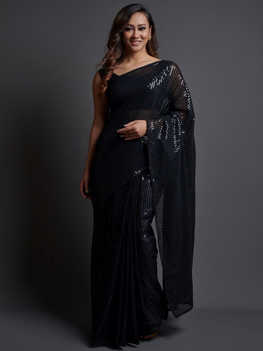 

B Bella Creation Embellished Sequinned Pure Georgette Heavy Work Saree, Black