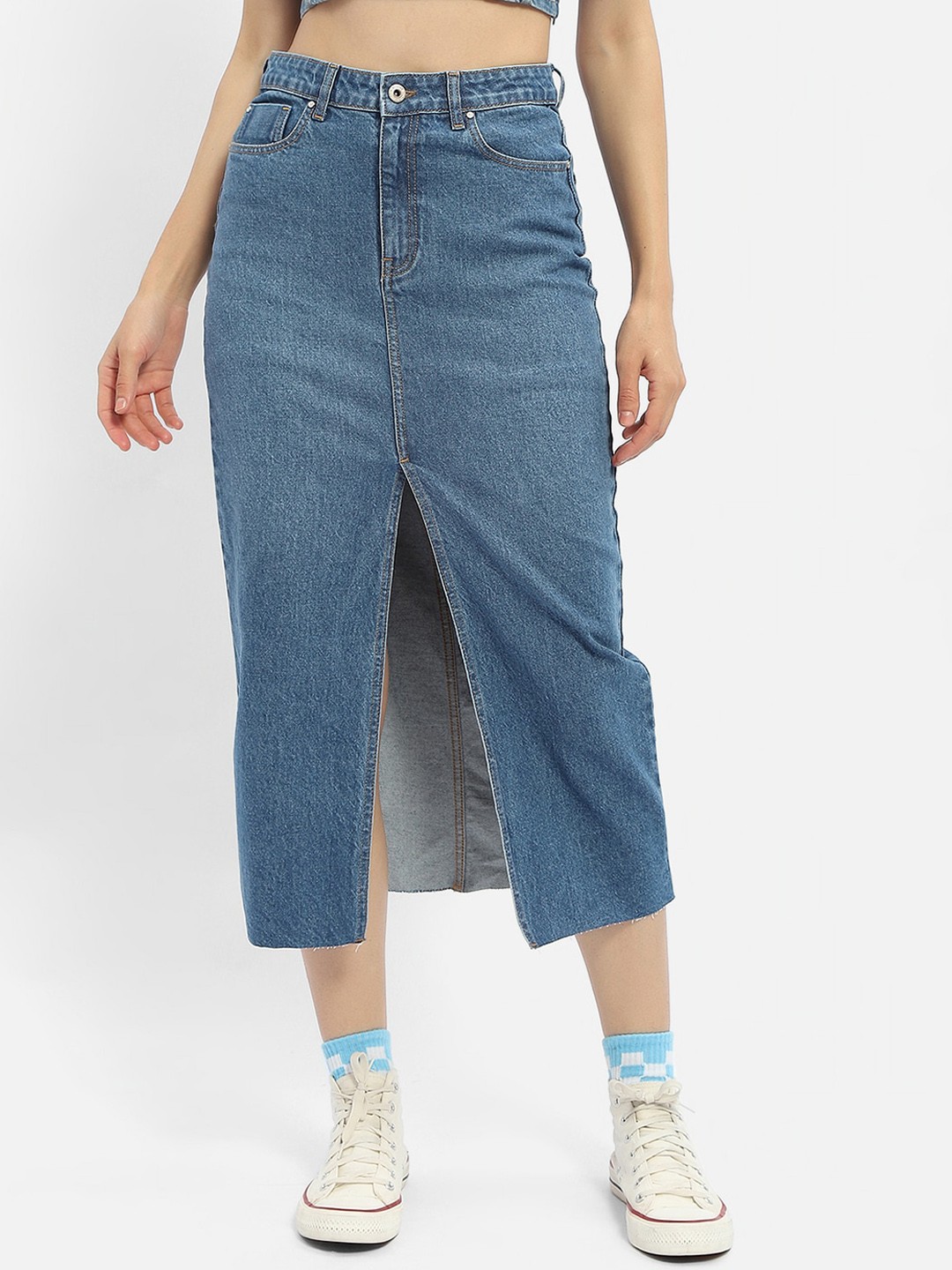 

Madame A-line Midi Denim Straight Skirt, Blue