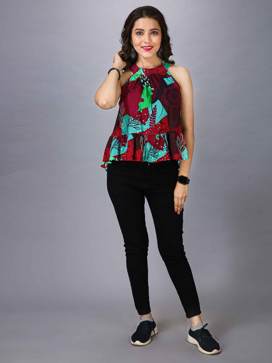 

MAIYEE Floral Printed Round Neck Top, Maroon