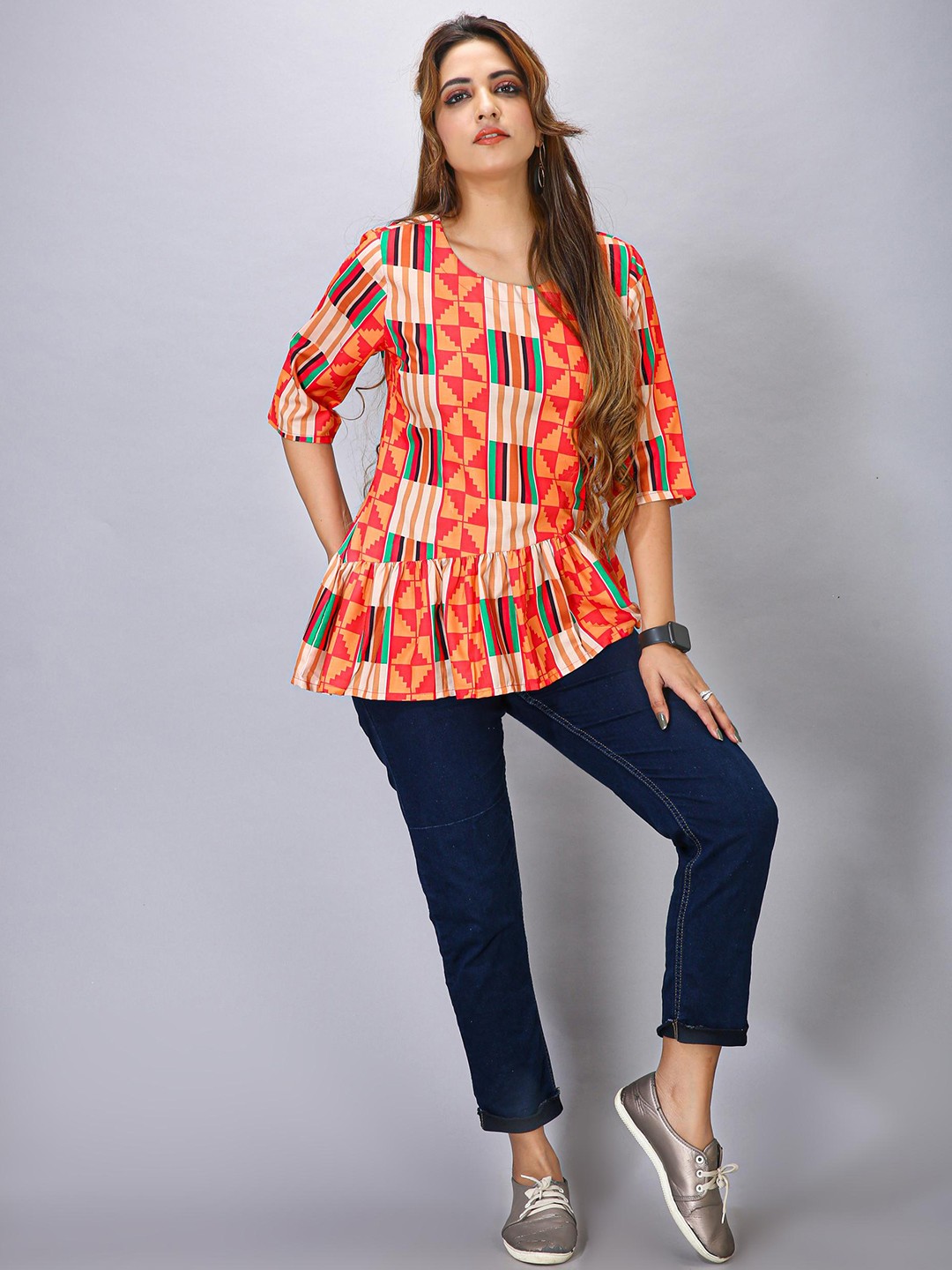 

MAIYEE Geometric Printed Peplum Top, Red