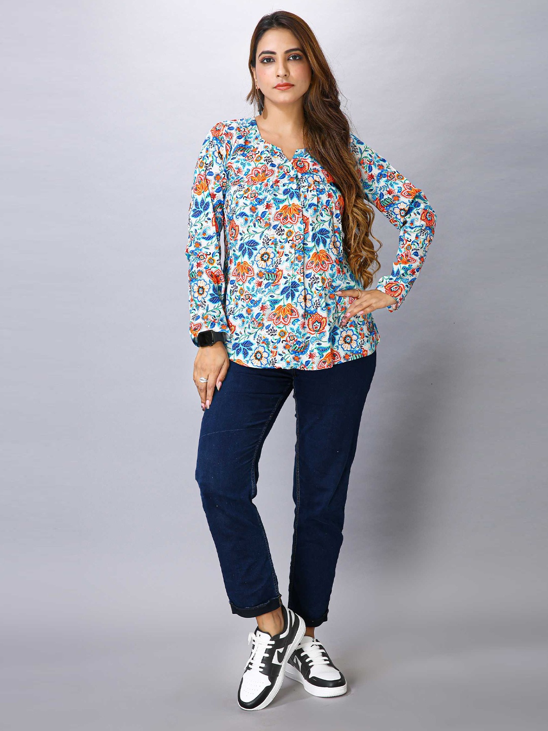 

MAIYEE Floral Printed Puff Sleeve Top, Turquoise blue