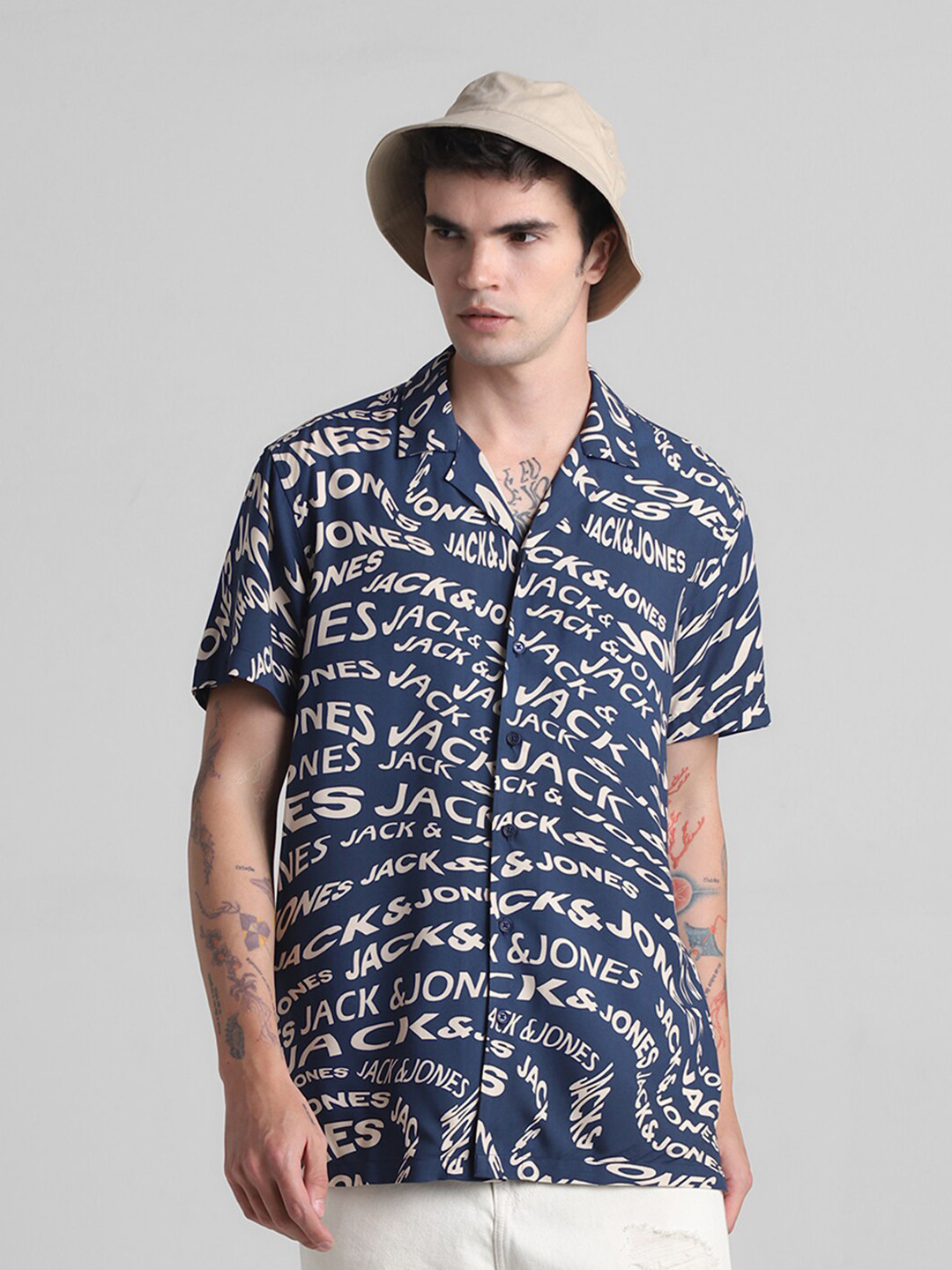 

Jack & Jones Typography Printed Cuban Collar Casual Shirt, Navy blue