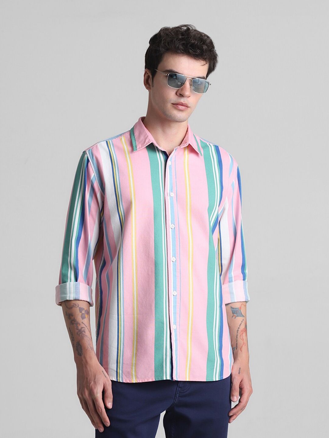 

Jack & Jones Slim Fit Multi Striped Casual Pure Cotton Shirt, Pink