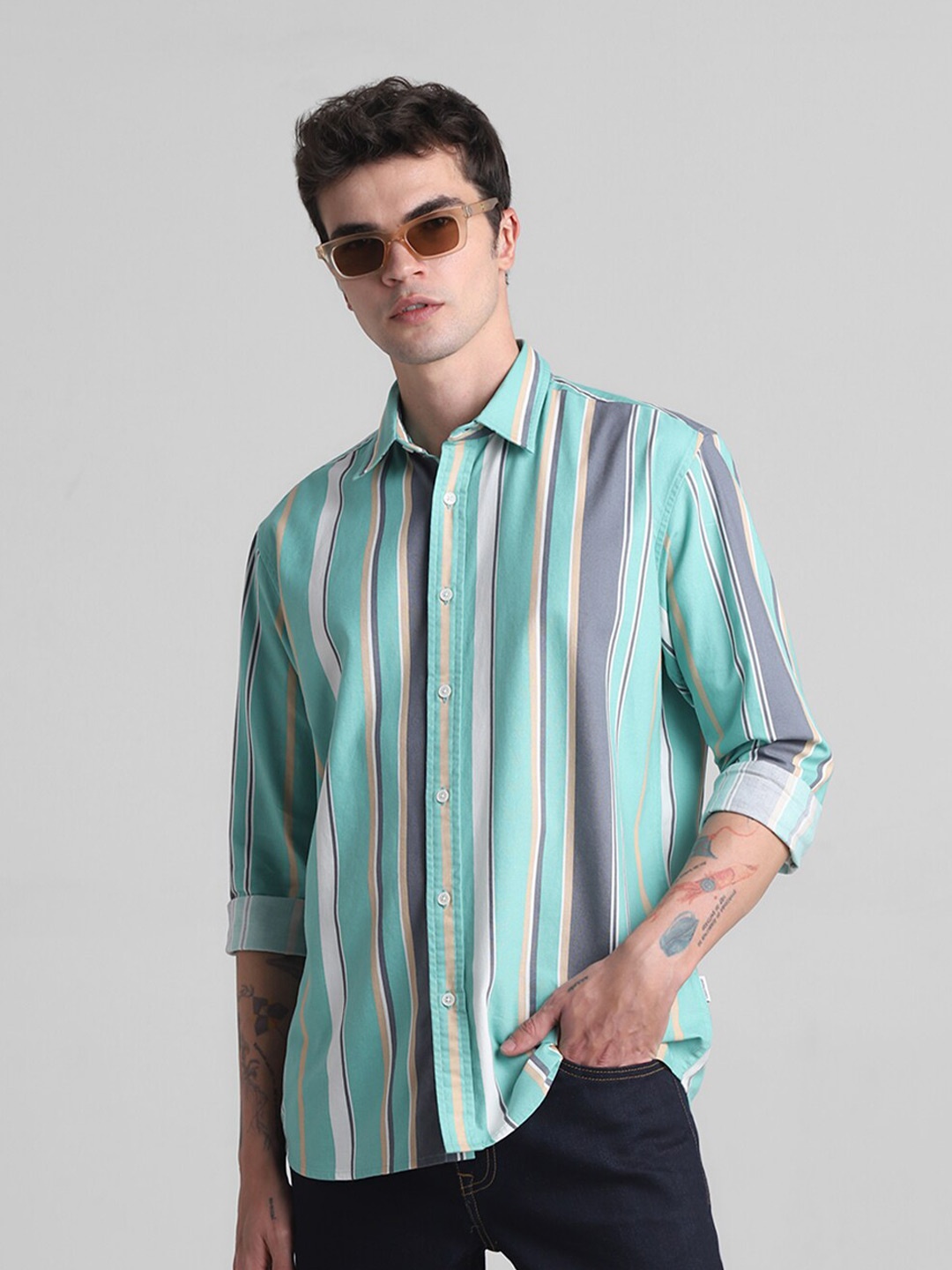 

Jack & Jones Slim Fit Multi Striped Casual Pure Cotton Shirt, Green