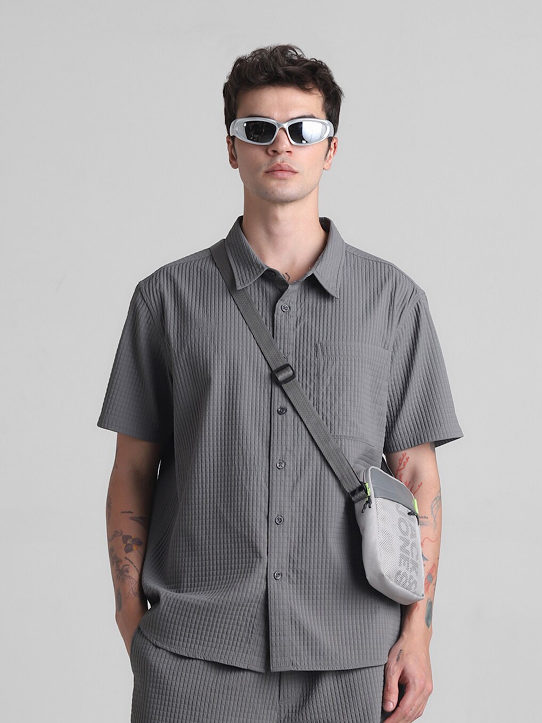 

Jack & Jones Self Design Spread Collar Casual Oversized Shirt, Grey