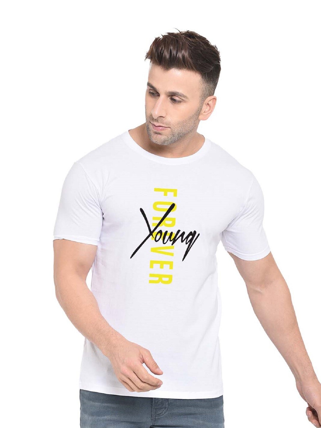 

BAESD Typography Printed Cotton Round Neck Short Sleeves Applique Casual T-shirt, White