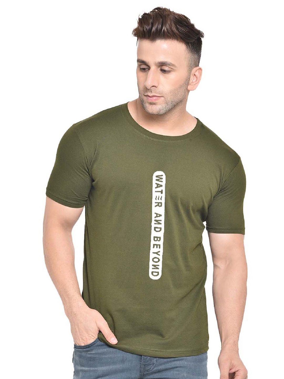 

BAESD Typography Printed Cotton Round Neck Short Sleeves Casual T-shirt, Olive