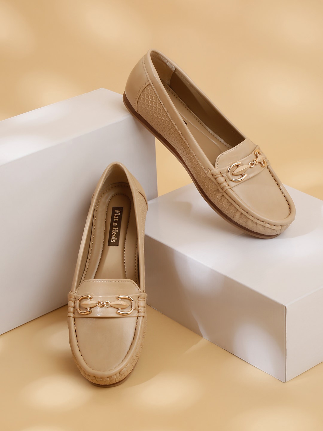 

Flat n Heels Women Round Toe Slip-On Horsebit Loafers, Beige