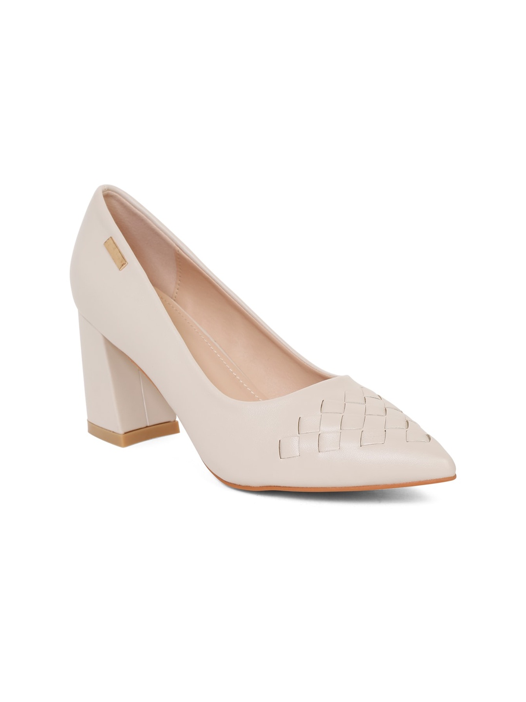 

Flat n Heels Textured Pointed Toe Block Heeled Pumps, Beige