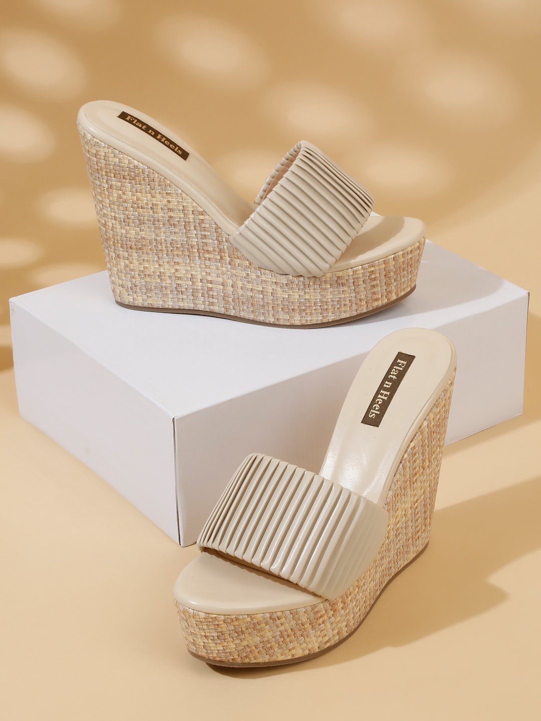 

Flat n Heels Textured Open Toe Wedge Heels, Beige