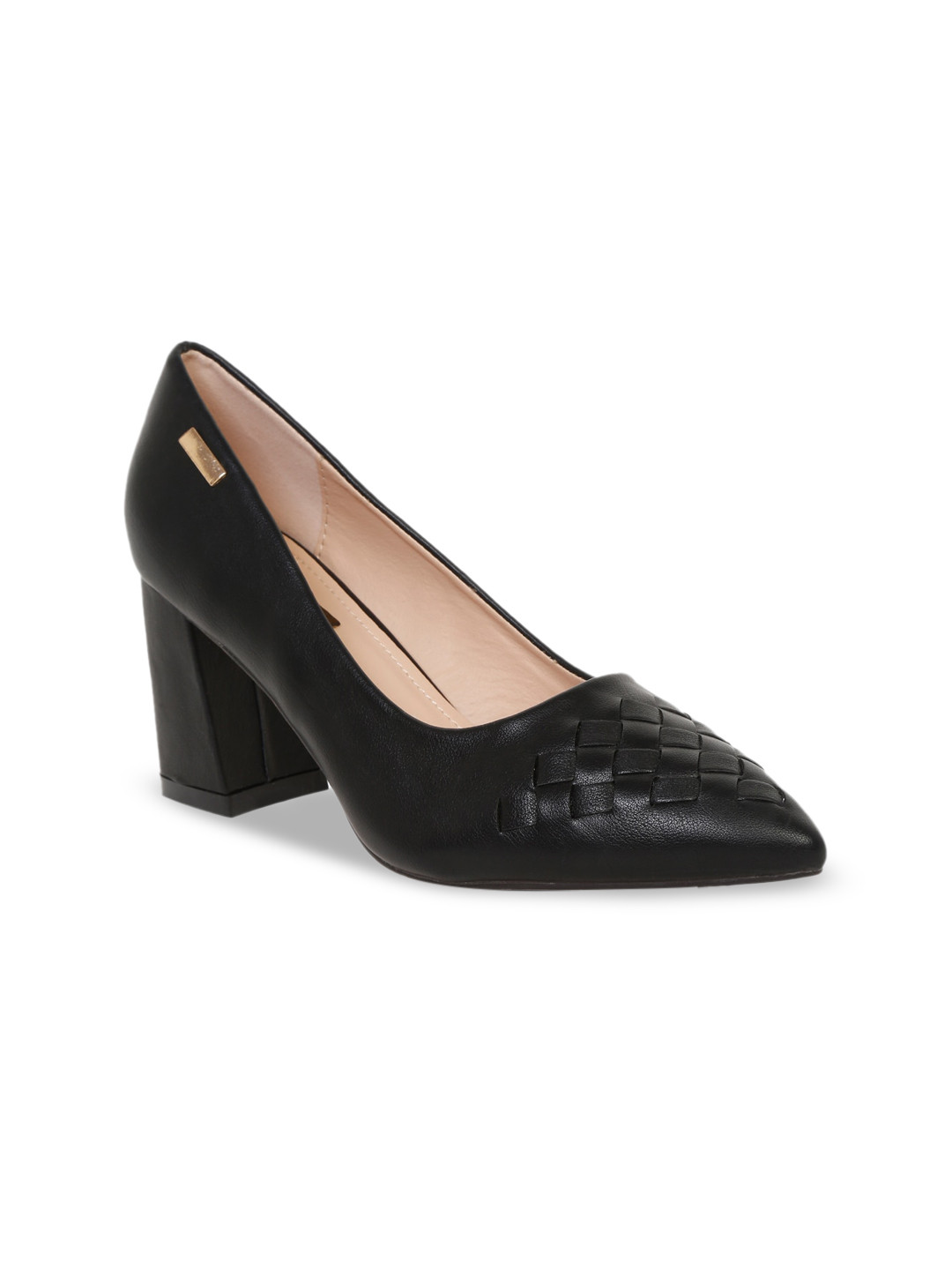 

Flat n Heels Textured Pointed Toe Block Heeled Pumps, Black
