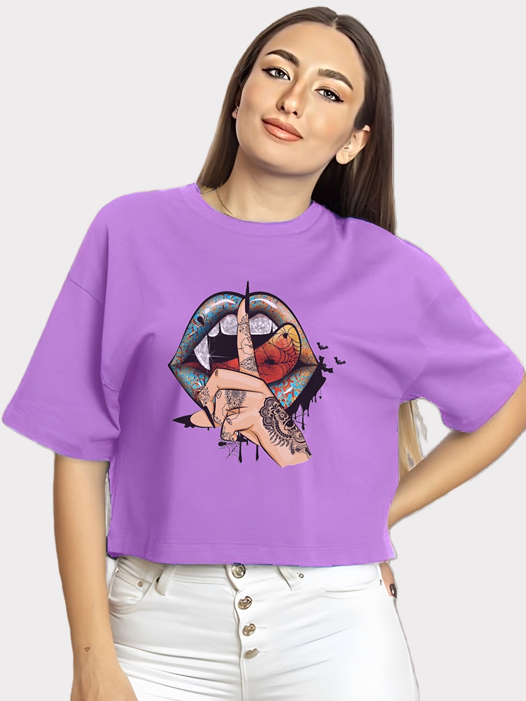 

Elibolz Graphic Printed Drop-Shoulder Sleeves Cotton Crop Oversized T-Shirt, Lavender