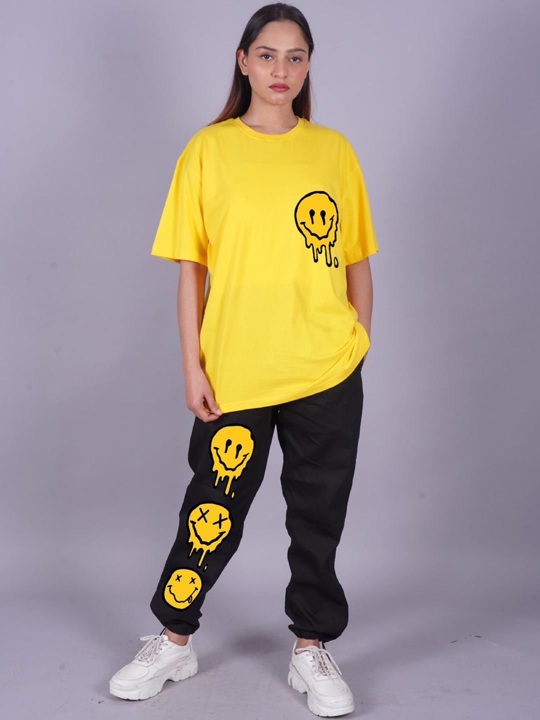 

VYVE Smiley Printed Pure Cotton Oversized T-Shirt & Joggers, Yellow