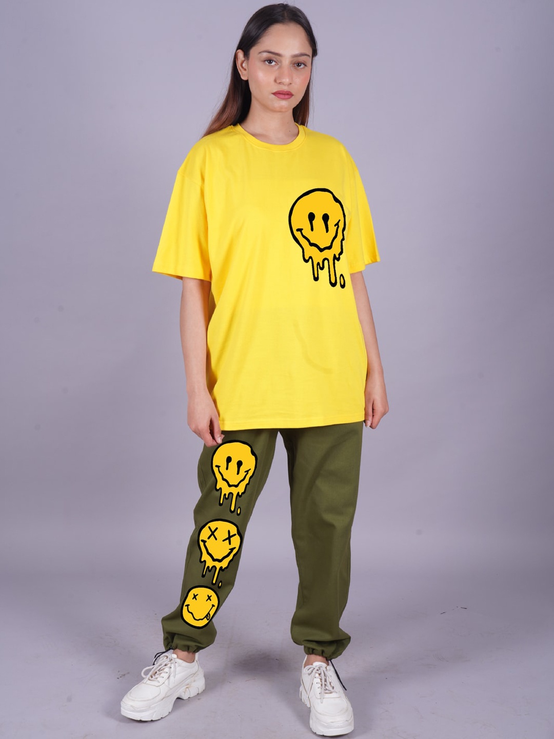 

VYVE Smiley Printed Pure Cotton Oversized T-Shirt & Joggers, Yellow