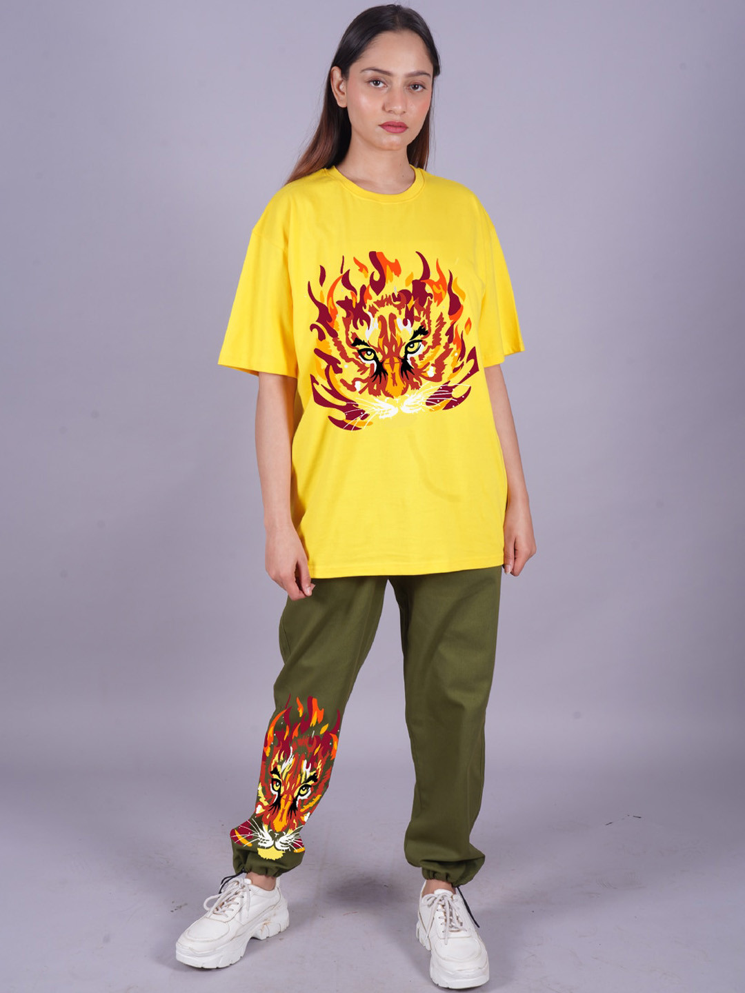 

VYVE Graphic Printed Pure Cotton Oversized T-Shirt With Joggers, Yellow