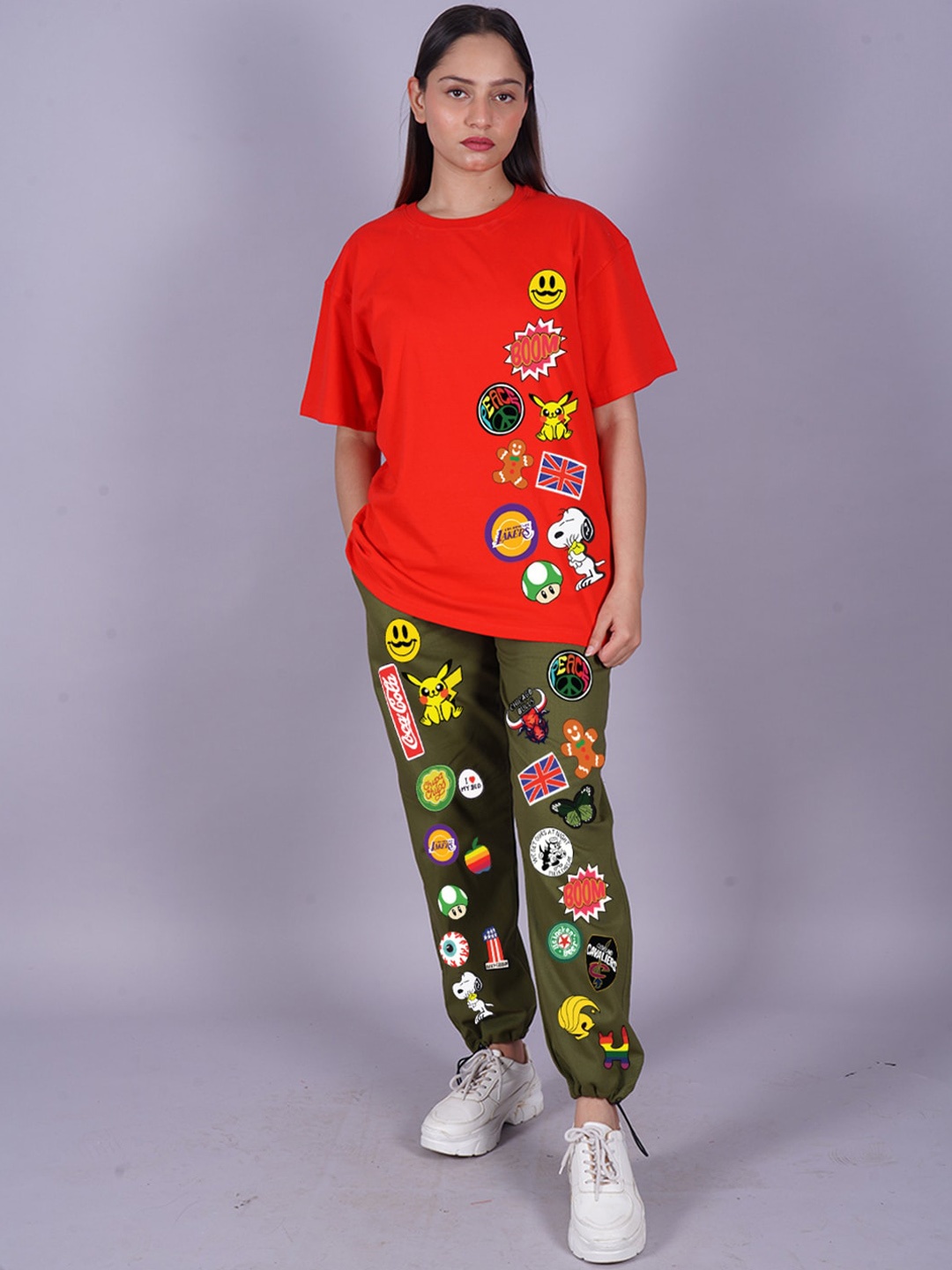 

VYVE Printed Pure Cotton Oversized T-Shirt With Joggers, Red