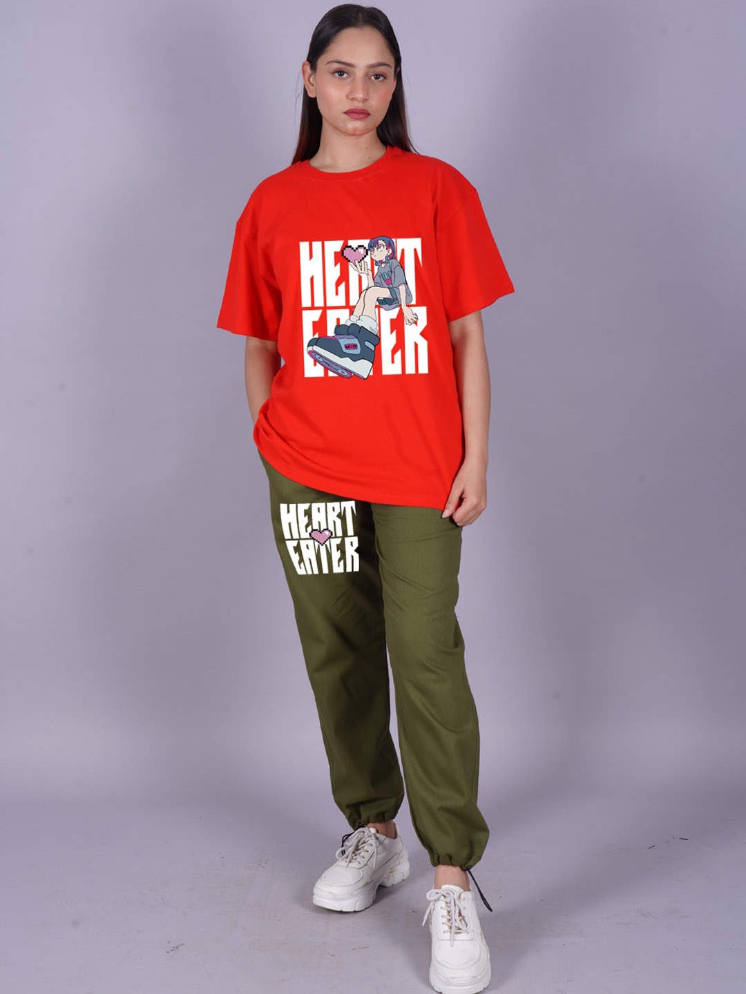 

VYVE Printed Pure Cotton Oversized T-shirt With Trousers, Red