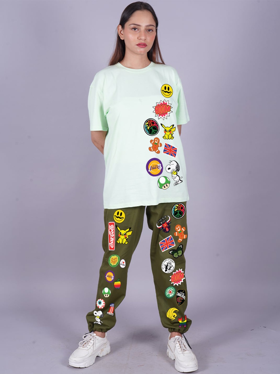 

VYVE Printed Pure Cotton Oversized T-shirt & Joggers, Lime green