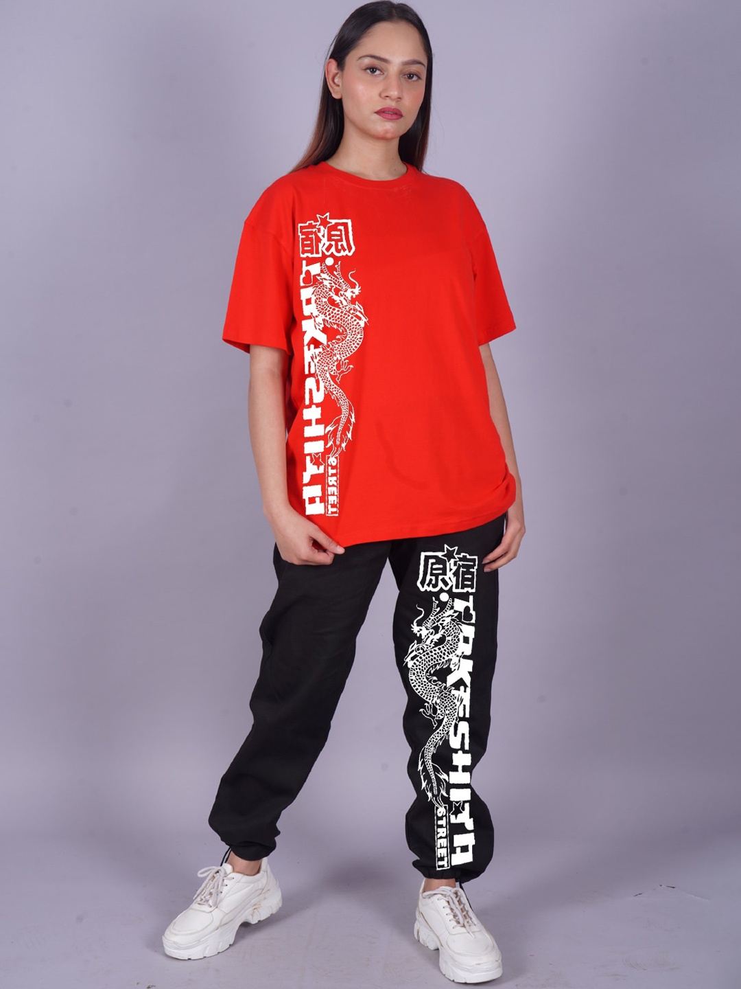 

VYVE Printed Pure Cotton Oversized T-shirt With Trousers, Red