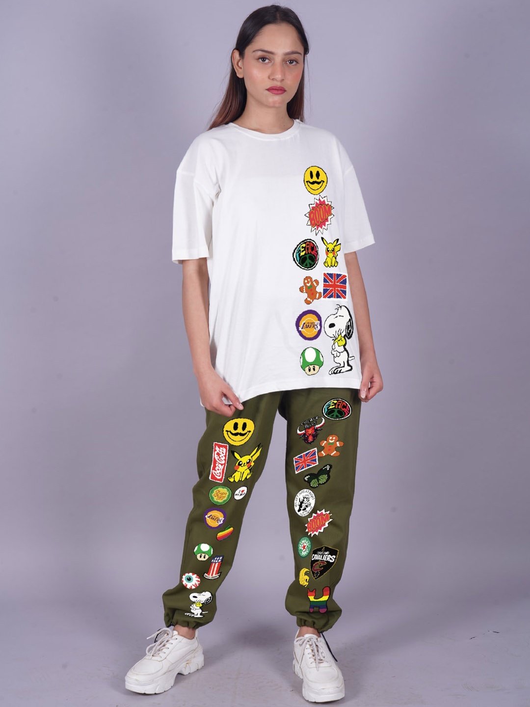 

VYVE Printed Pure Cotton Oversized T-Shirt With Joggers, White