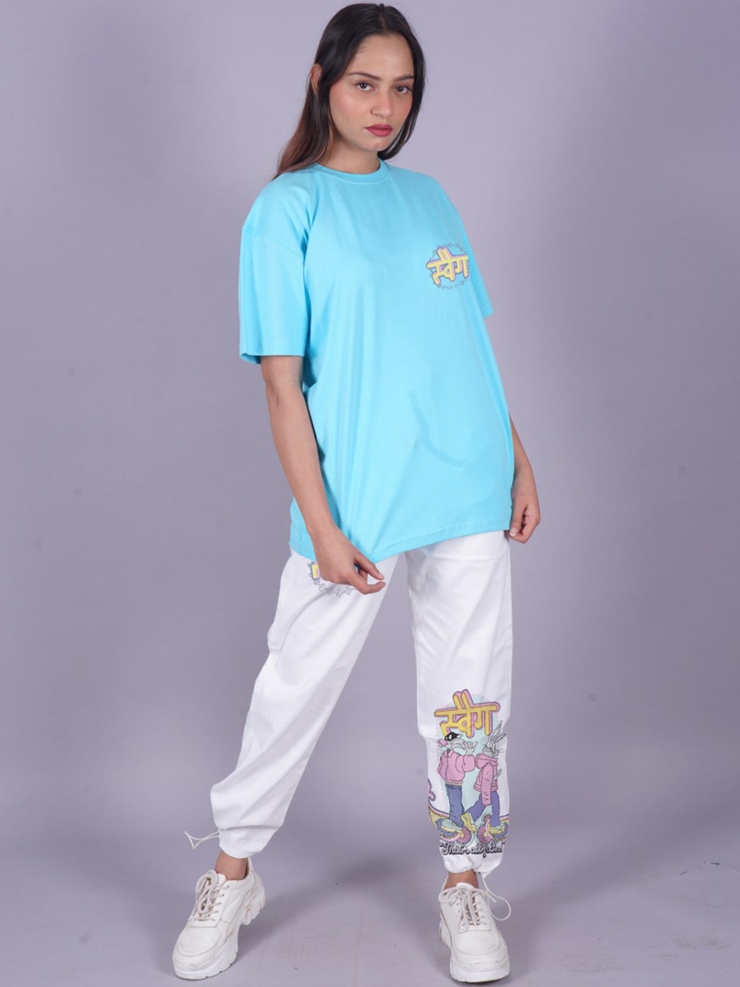 

VYVE Printed Pure Cotton Oversized T-Shirt With Joggers, Blue