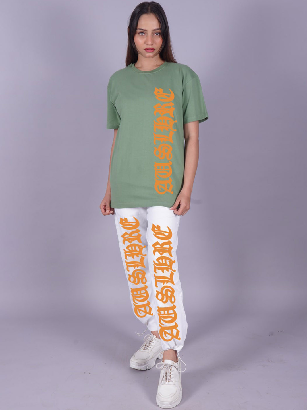 

VYVE Printed Oversized Pure Cotton T-shirt With Joggers Co-Ords, Green