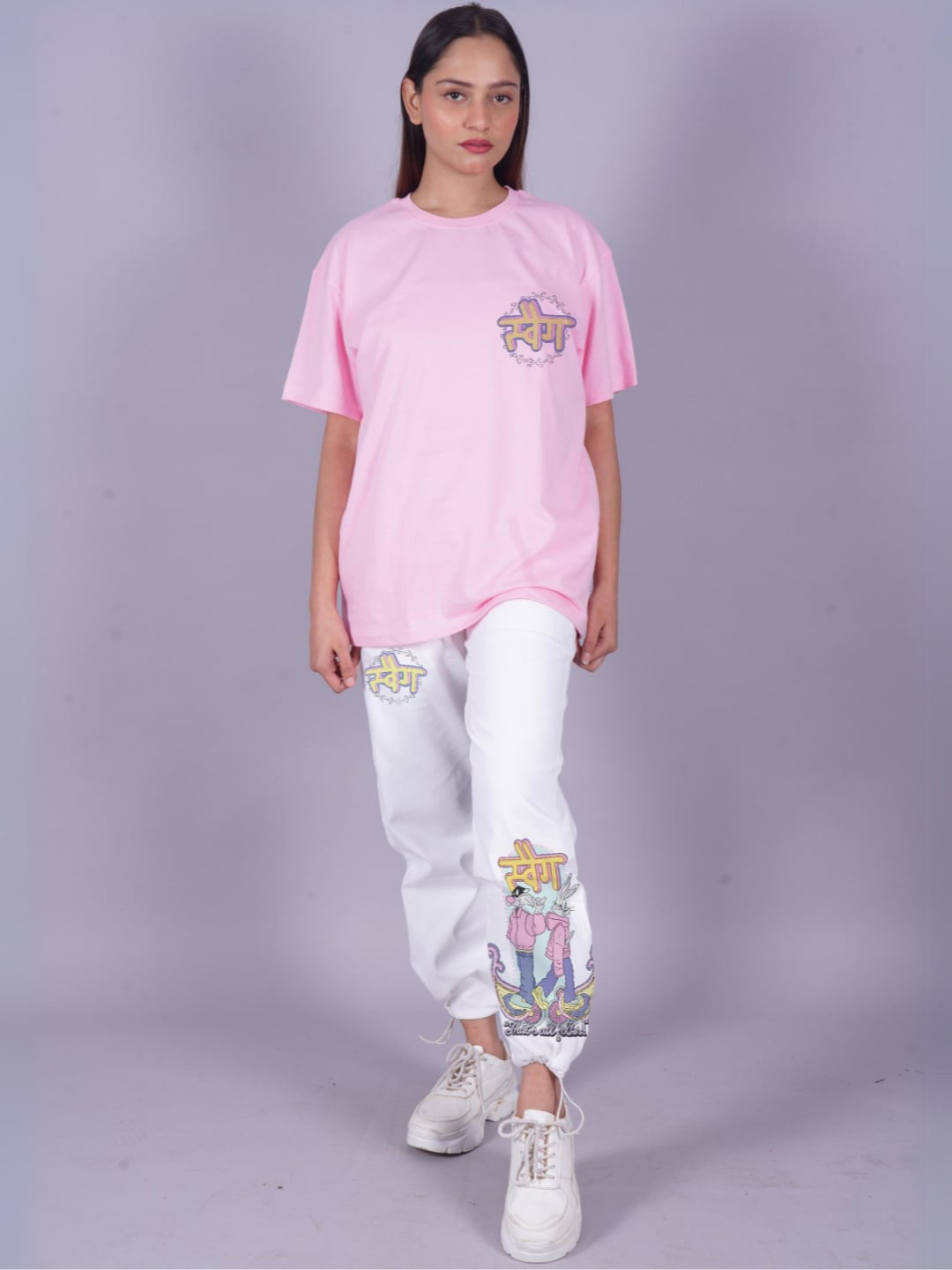 

VYVE Printed Oversized Pure Cotton T-shirt With Joggers Co-Ords, Pink