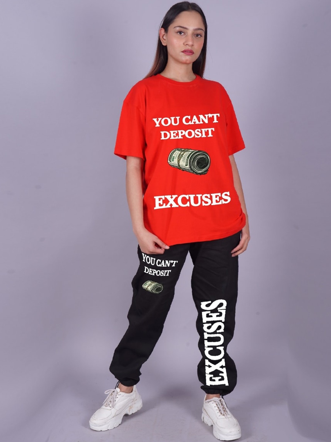 

VYVE Printed Oversized Pure Cotton T-shirt With Joggers Co-Ords, Red