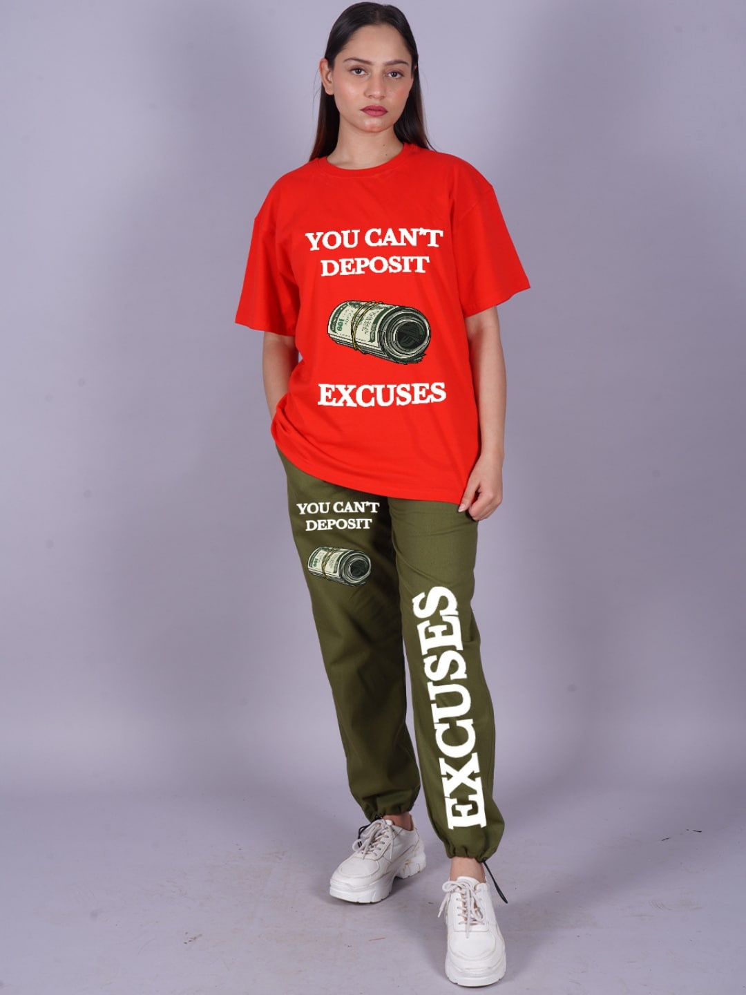 

VYVE Printed Oversized Pure Cotton T-shirt With Joggers Co-Ords, Red