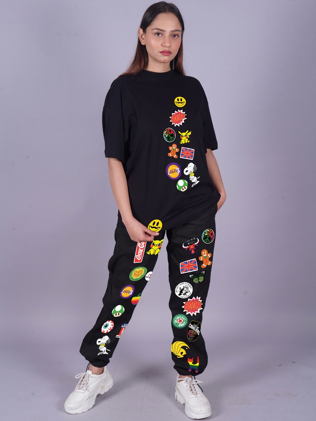 

VYVE Printed Oversized Pure Cotton T-shirt With Joggers Co-Ords, Black