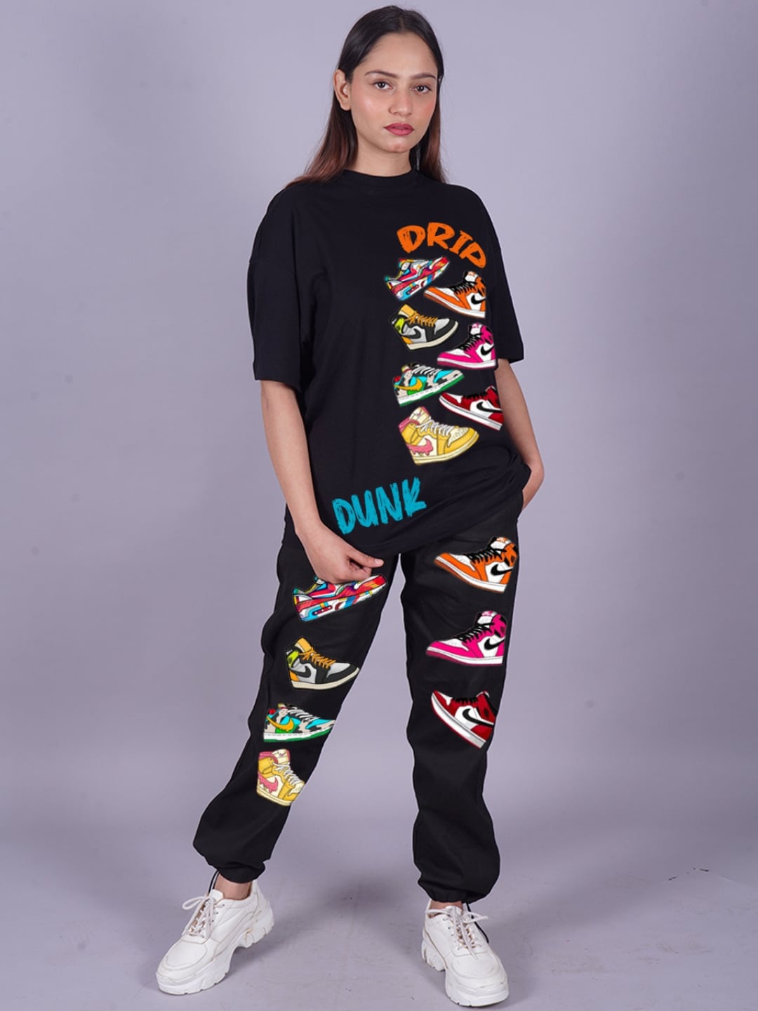 

VYVE Printed Oversized Pure Cotton T-shirt With Joggers Co-Ords, Black
