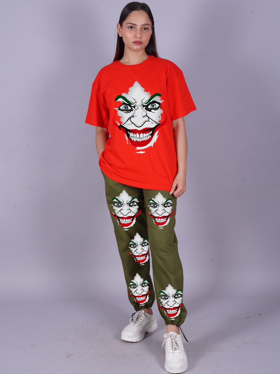 

VYVE Printed Oversized Pure Cotton T-shirt With Joggers Co-Ords, Red