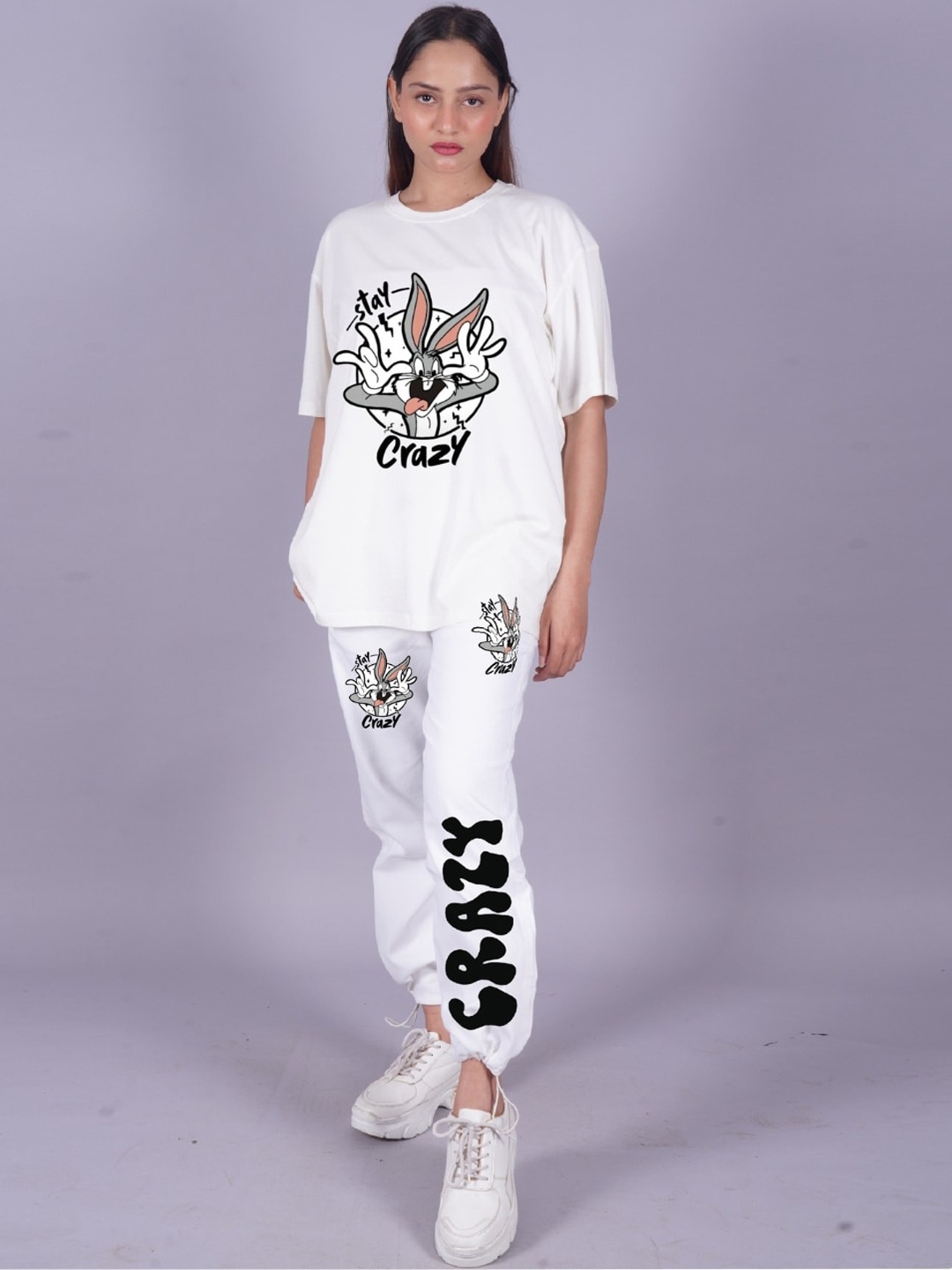 

VYVE Printed Oversized Pure Cotton T-shirt With Joggers Co-Ords, White