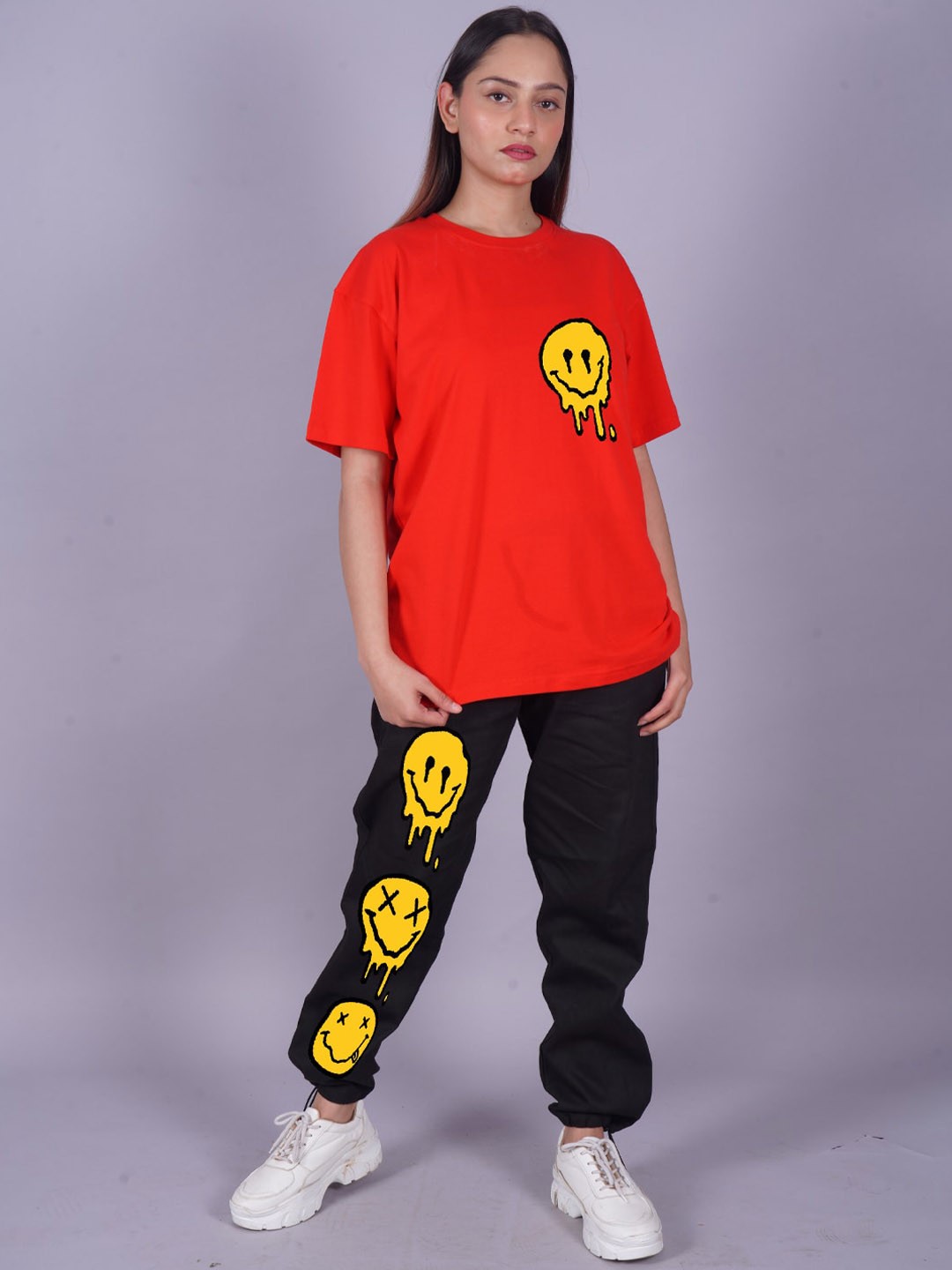 

VYVE Printed Oversized Pure Cotton T-shirt With Joggers Co-Ords, Red
