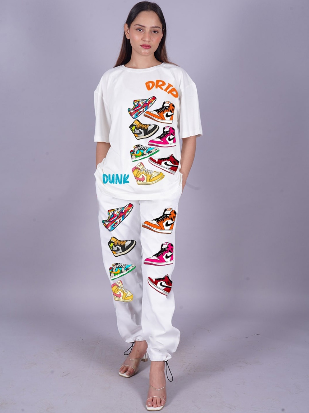 

VYVE Printed Oversized Pure Cotton T-shirt With Joggers Co-Ords, White
