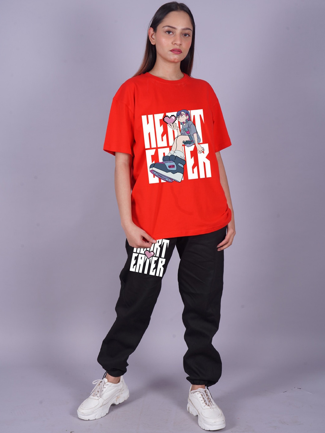 

VYVE Printed Oversized Pure Cotton T-shirt With Joggers Co-Ords, Red