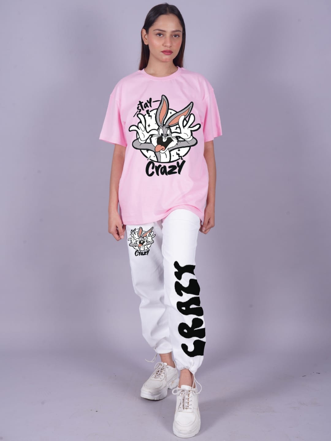 

VYVE Stay Crazy Printed Round Neck T-shirt & Co-Ords with Adjustable Joggers, Pink