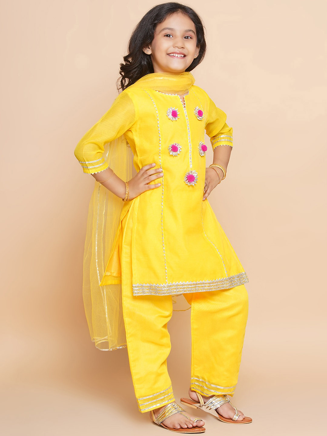

Modish Couture Girls Panelled Gotta Patti Chanderi Silk Kurta with Trousers & Dupatta, Yellow