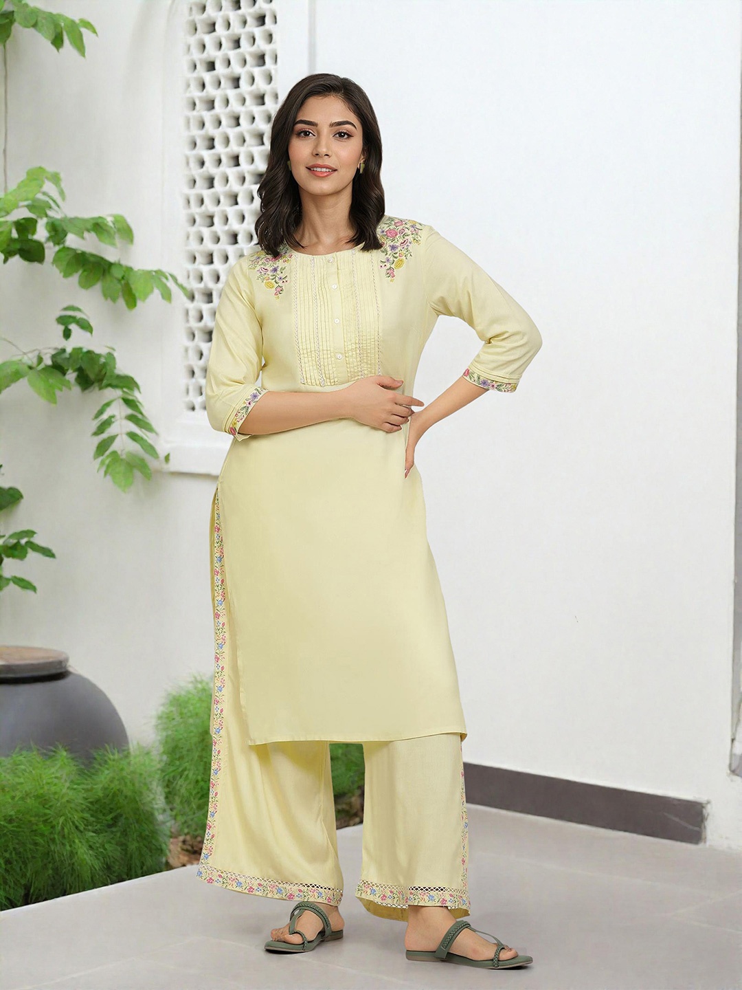 W Floral Embroidered Regular Thread Work Kurta with Trousers, Yellow