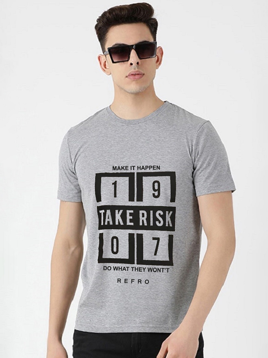 

BAESD Typography Printed Cotton Round Neck Short Sleeves Casual T-shirt, Grey