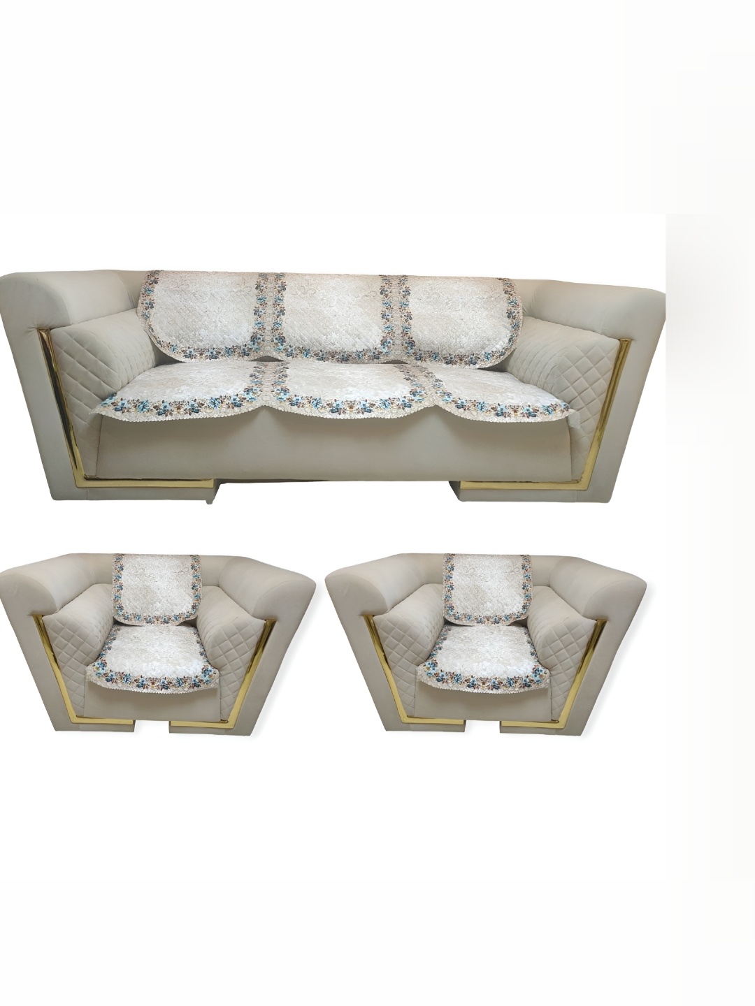 

MONKDECOR Cream-Coloured & Blue Printed Velvet Sofa Cover