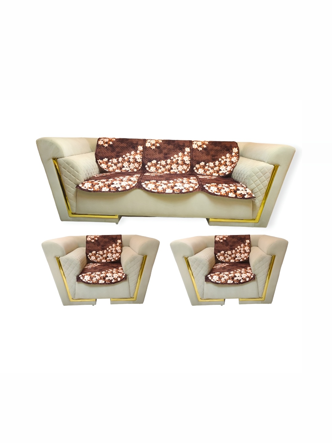 

MONKDECOR Brown & White 6 Pieces Printed Velvet 5 Seater Sofa Covers