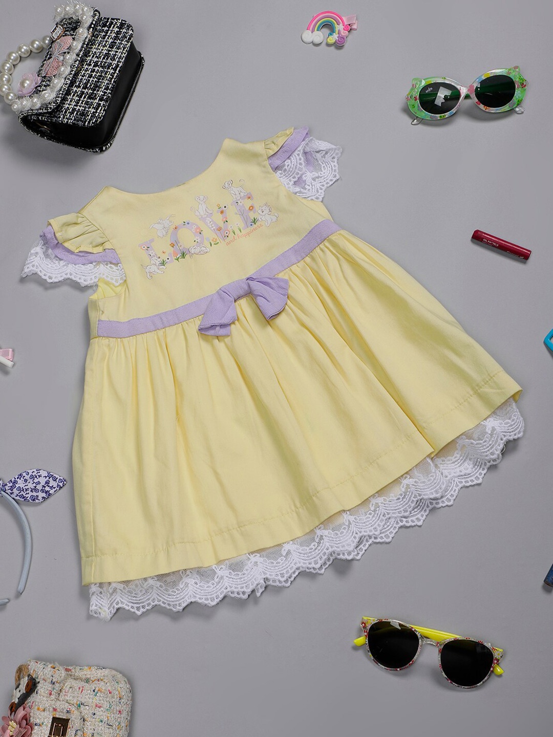 

One Friday Typography Printed Flutter Sleeve Cotton Fit & Flare Dress, Yellow