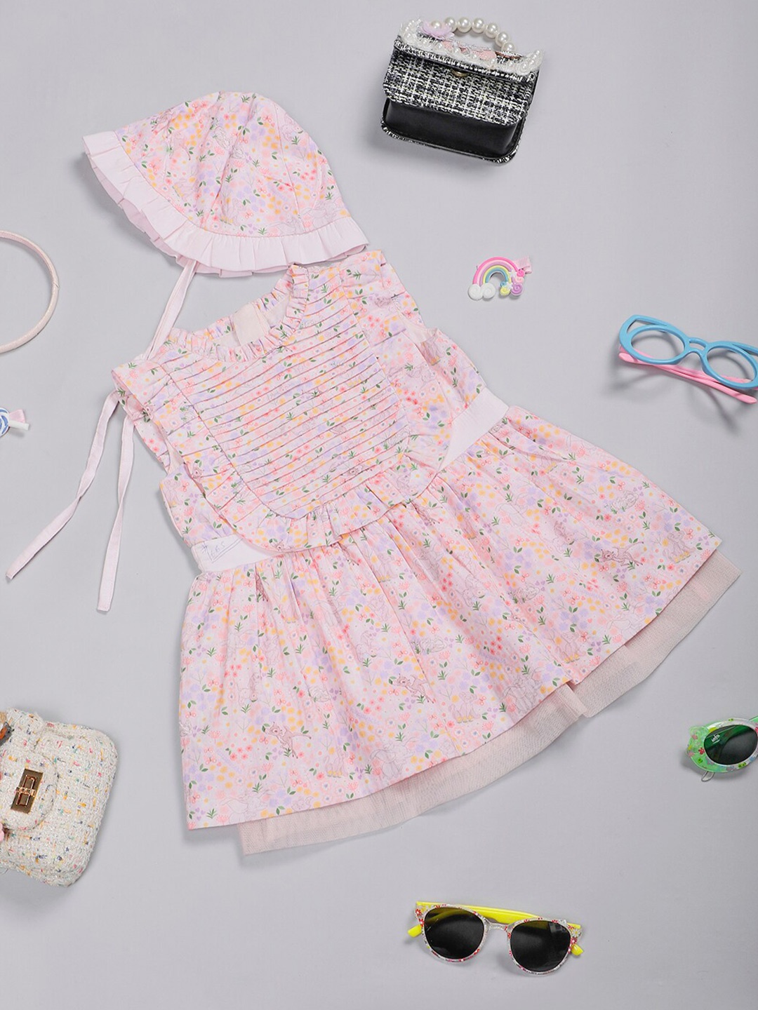 

One Friday Girls Floral Print Cotton Fit and Flare Dress with Cap, Pink