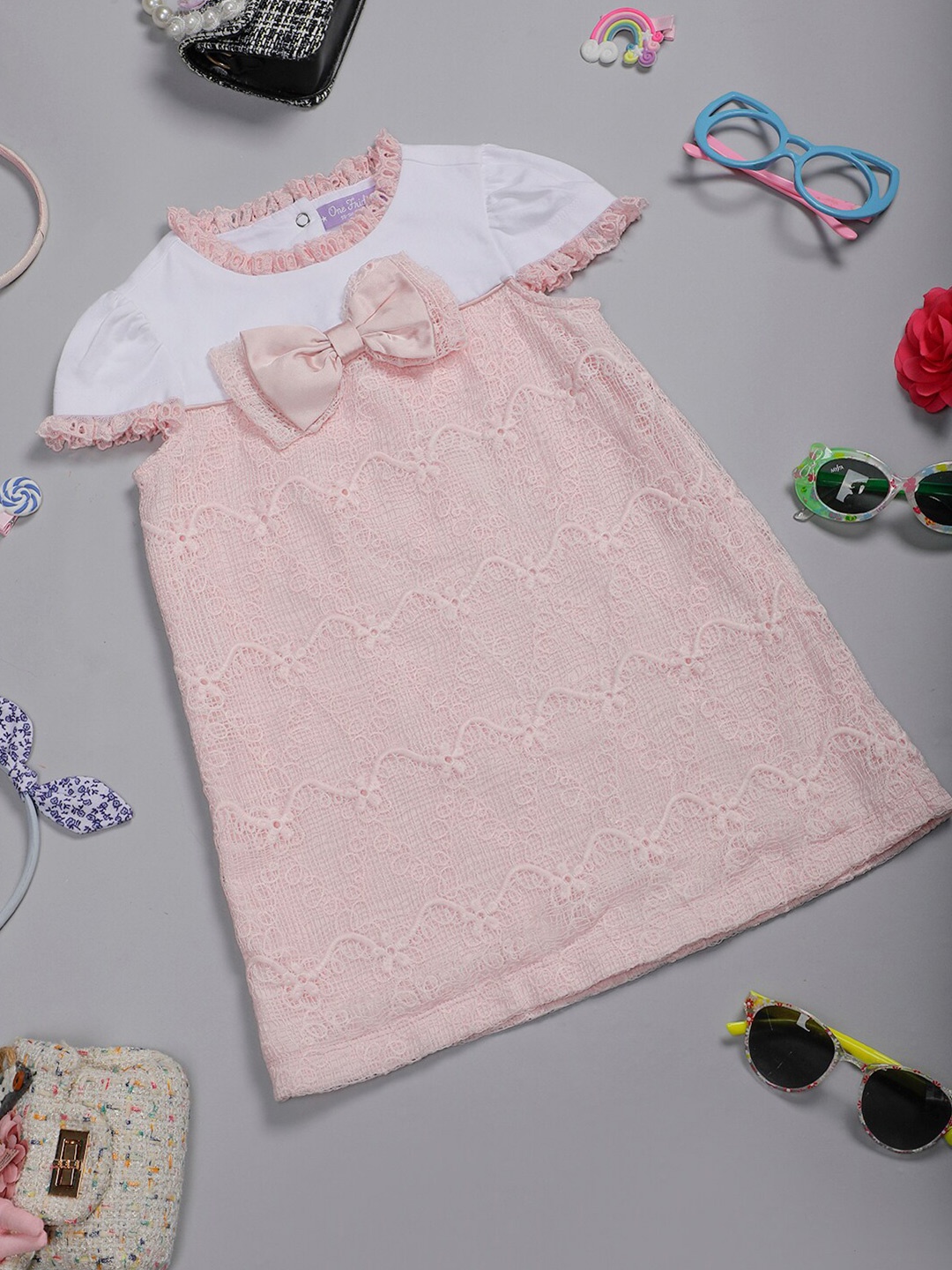 

One Friday Self Design Round Neck Lace A-Line Dress, Pink