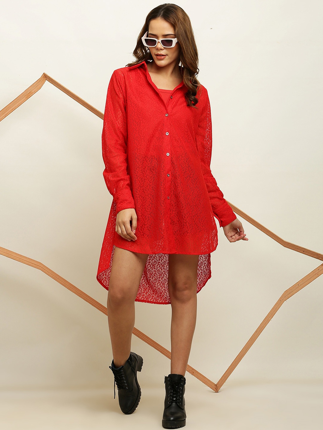 

ADDICTED ATTIRE Self Design Spread Collar Long Sleeves Net Longline Shirt, Red