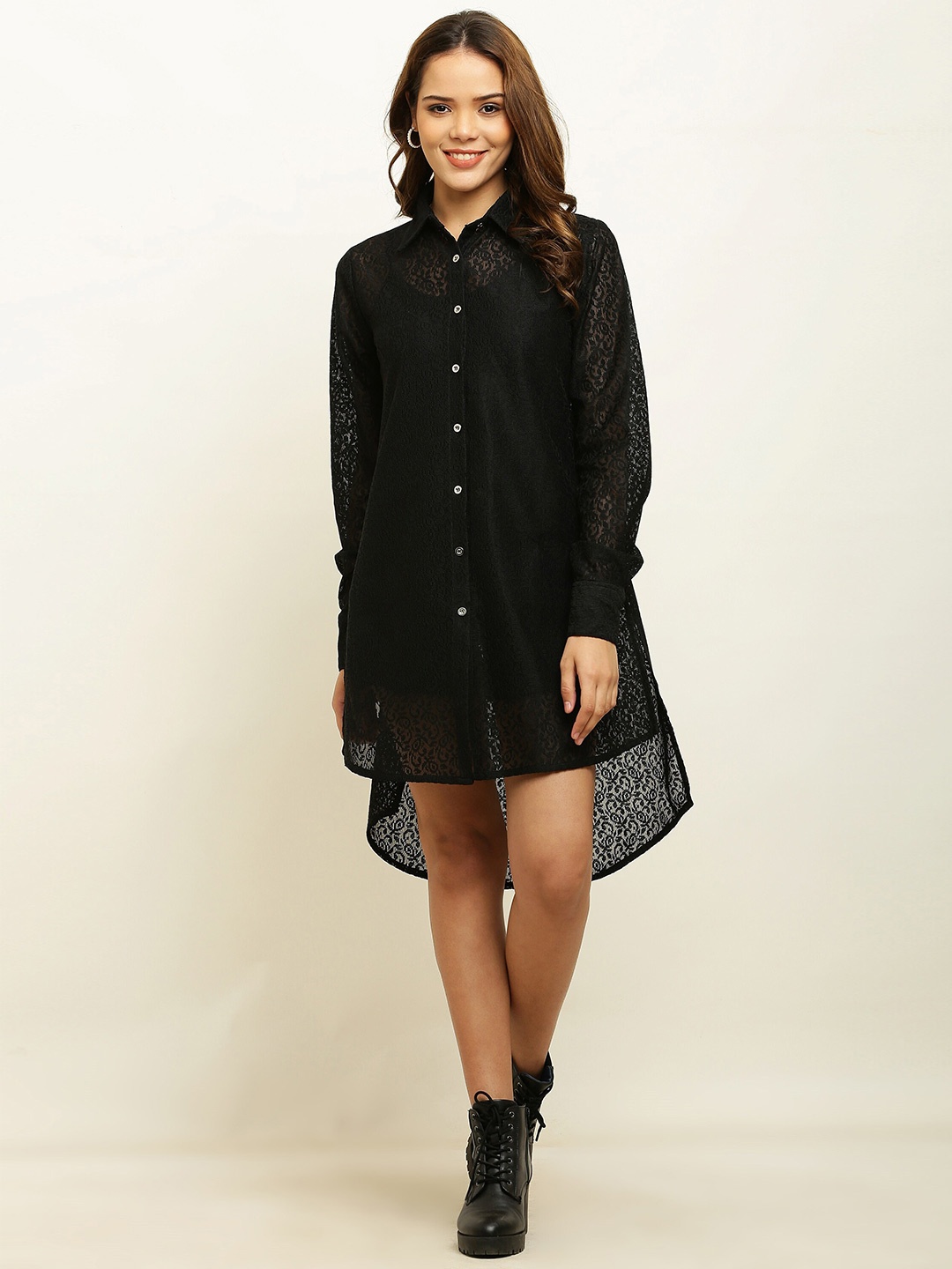 

ADDICTED ATTIRE Self Design Spread Collar Long Sleeves Net Longline Shirt, Black